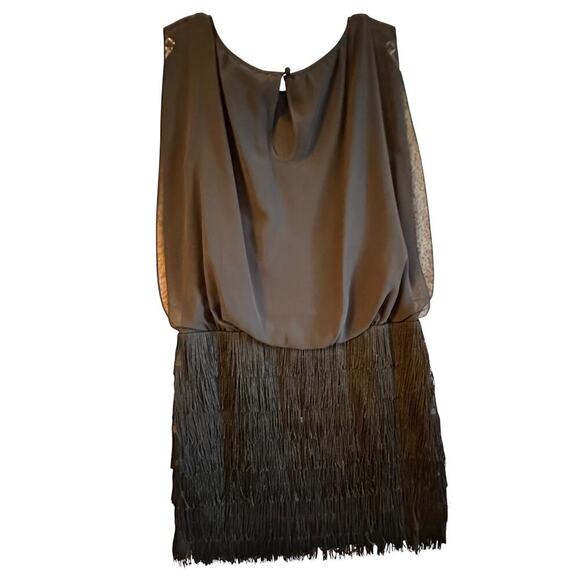 Aidan By Aidan Mattox Black Chiffon & Fringe Sexy Mini Dress Sz 6 Mob Wife Goth - Picture 3 of 16